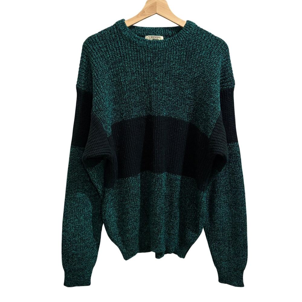 Vintage Street Closed Sweater Mens XL Green/Black Colorblock Crew 80s 90s Korea